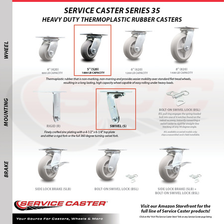 Service Caster 5 Inch Thermoplastic Rubber Swivel Caster Set with Ball Bearings 2 Brakes SCC SCC-35S520-TPRBD-2-SLB-2
